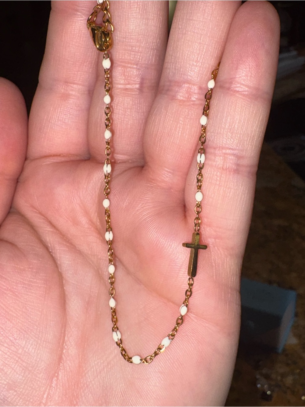 Gold Tone Cross and White Bead Anklet - Women Jewelry